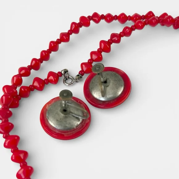 Vintage Czech Red Glass Necklace Set Bohemian Art Deco Flapper Style Jewelry - Picture 5 of 7